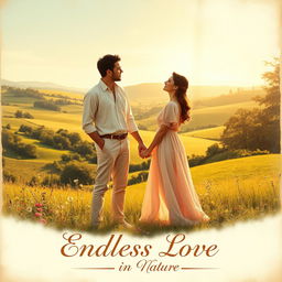 A vintage poster depicting a romantic couple standing in a beautiful countryside setting