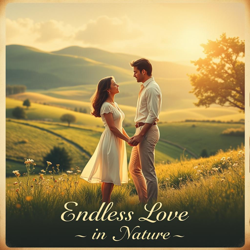 A vintage poster depicting a romantic couple standing in a beautiful countryside setting