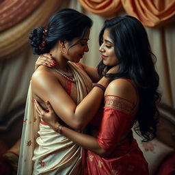 An Indian wife, age 35, depicted in a romantic and intimate setting, wearing a beautifully styled saree