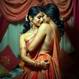 An Indian wife, age 35, depicted in a romantic and intimate setting, wearing a beautifully styled saree