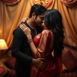 An Indian wife, age 35, depicted in a romantic and intimate setting, wearing a beautifully styled saree