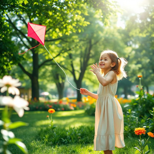 A serene and picturesque view of a young girl playing in a vibrant park, surrounded by lush green trees and colorful flowers