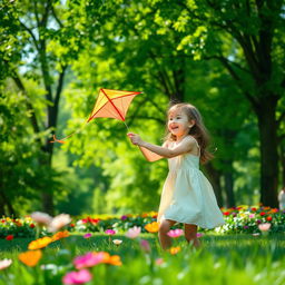 A serene and picturesque view of a young girl playing in a vibrant park, surrounded by lush green trees and colorful flowers