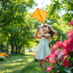 A serene and picturesque view of a young girl playing in a vibrant park, surrounded by lush green trees and colorful flowers