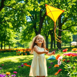 A serene and picturesque view of a young girl playing in a vibrant park, surrounded by lush green trees and colorful flowers