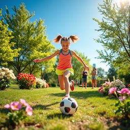 A lively scene depicting a girl energetically playing sports in a vibrant park