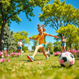 A lively scene depicting a girl energetically playing sports in a vibrant park