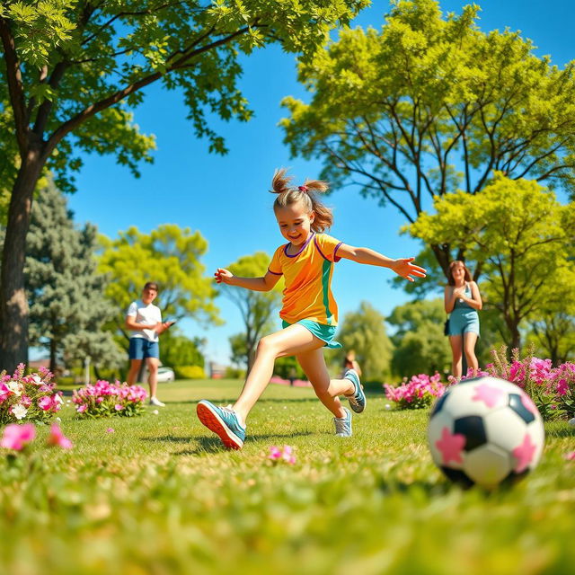 A lively scene depicting a girl energetically playing sports in a vibrant park