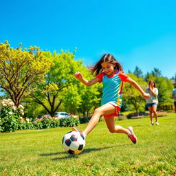 A lively scene depicting a girl energetically playing sports in a vibrant park