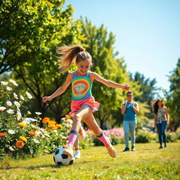 A lively scene depicting a girl energetically playing sports in a vibrant park