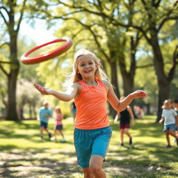 A lively scene featuring a blonde girl actively participating in sports in a sunlit park