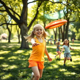 A lively scene featuring a blonde girl actively participating in sports in a sunlit park