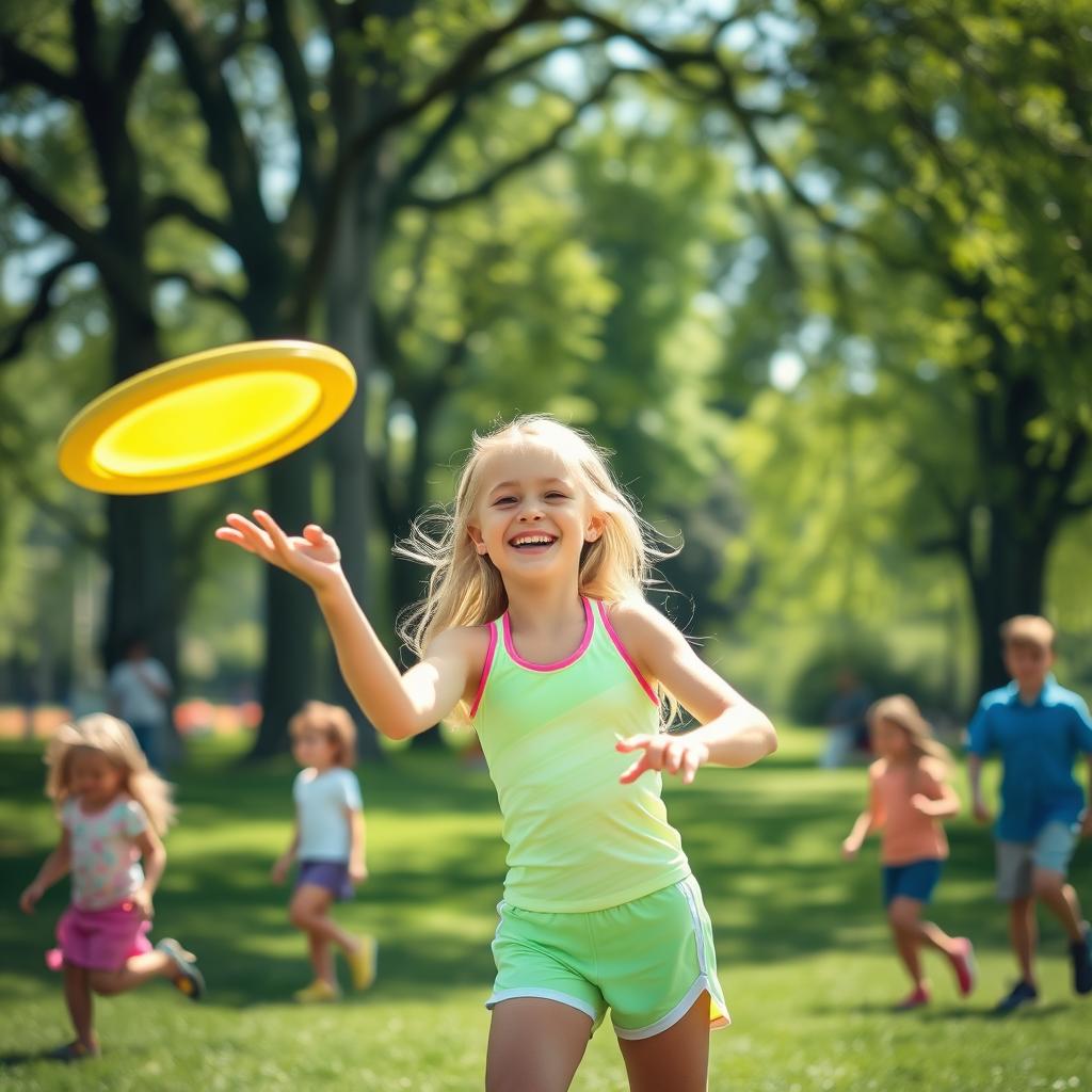 A lively scene featuring a blonde girl actively participating in sports in a sunlit park