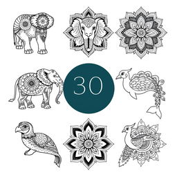 A collection of 30 intricate mandala designs that feature various animals, each with unique patterns and details, incorporating elements of traditional mandala art