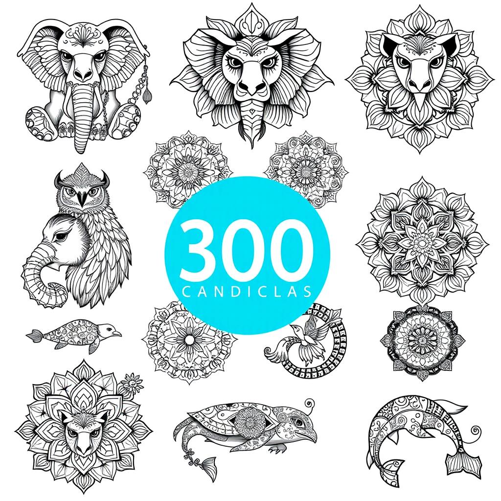 A collection of 30 intricate mandala designs that feature various animals, each with unique patterns and details, incorporating elements of traditional mandala art