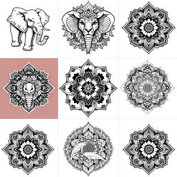 A collection of 30 intricate mandala designs that feature various animals, each with unique patterns and details, incorporating elements of traditional mandala art