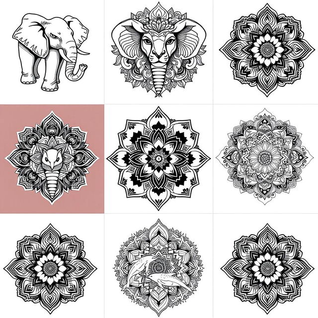 A collection of 30 intricate mandala designs that feature various animals, each with unique patterns and details, incorporating elements of traditional mandala art