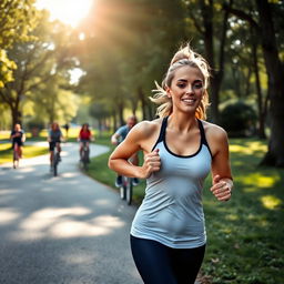 A dynamic scene of a lady engaging in sports at a lively park