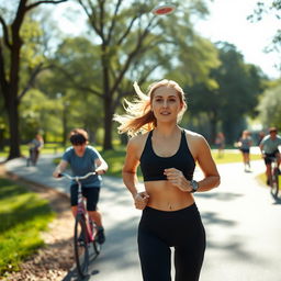 A dynamic scene of a lady engaging in sports at a lively park
