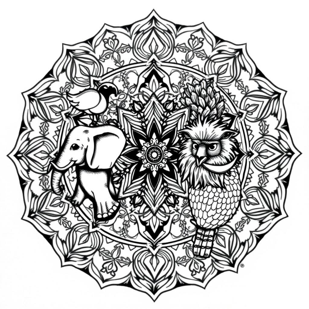 A detailed black and white mandala art featuring various animals intricately woven into the mandala design