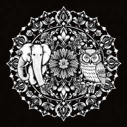A detailed black and white mandala art featuring various animals intricately woven into the mandala design