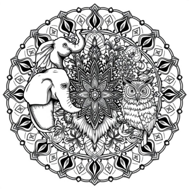 A detailed black and white mandala art featuring various animals intricately woven into the mandala design