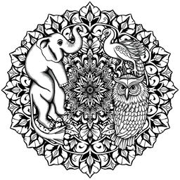 A detailed black and white mandala art featuring various animals intricately woven into the mandala design