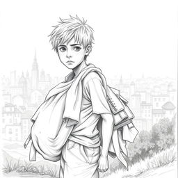A detailed pencil sketch of a 13-year-old boy in a rag picker style, standing on the outskirts of a city