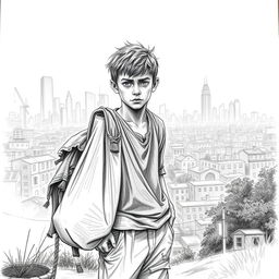 A detailed pencil sketch of a 13-year-old boy in a rag picker style, standing on the outskirts of a city