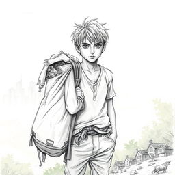 A detailed pencil sketch of a 13-year-old boy in a rag picker style, standing on the outskirts of a city