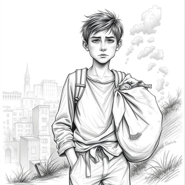 A detailed pencil sketch of a 13-year-old boy in a rag picker style, standing on the outskirts of a city