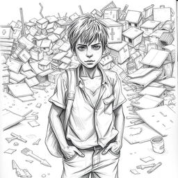 A pencil sketch of a 13 year old boy in rag picker style, wearing tattered clothes, with a rag bag slung over his shoulder