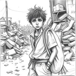 A pencil sketch of a 13 year old boy in rag picker style, wearing tattered clothes, with a rag bag slung over his shoulder