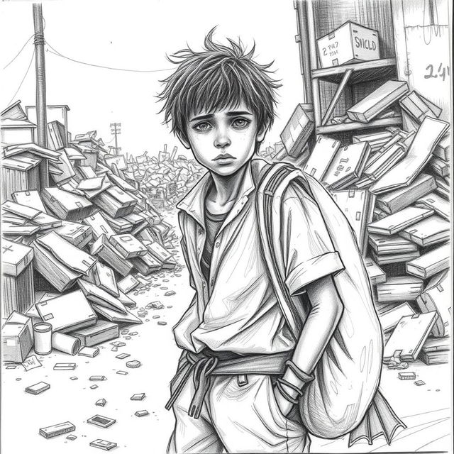 A pencil sketch of a 13 year old boy in rag picker style, wearing tattered clothes, with a rag bag slung over his shoulder