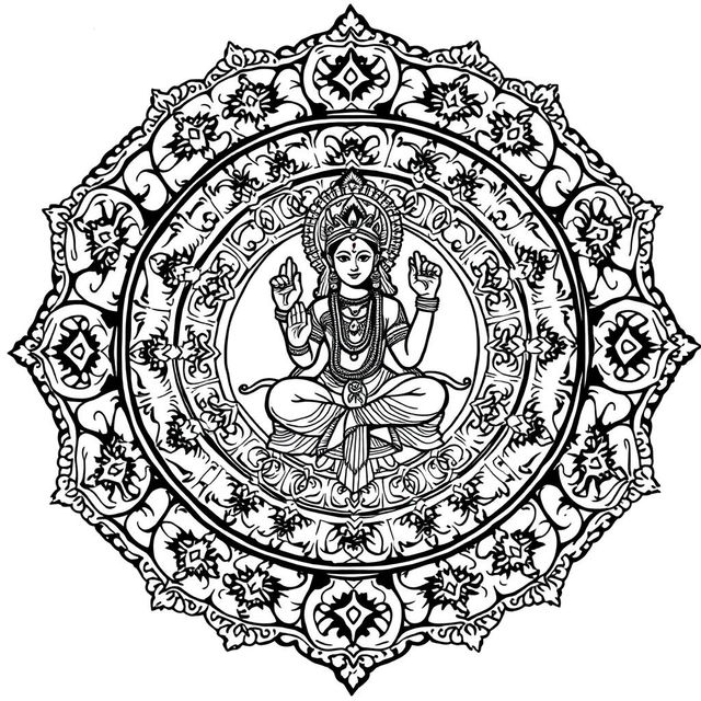 A detailed black and white mandala art piece featuring a Hindu god, intricately designed with traditional motifs and patterns