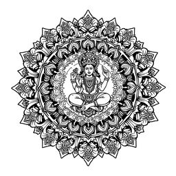 A detailed black and white mandala art piece featuring a Hindu god, intricately designed with traditional motifs and patterns