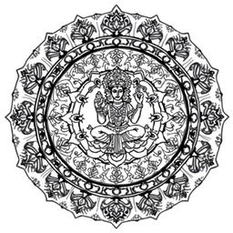 A detailed black and white mandala art piece featuring a Hindu god, intricately designed with traditional motifs and patterns