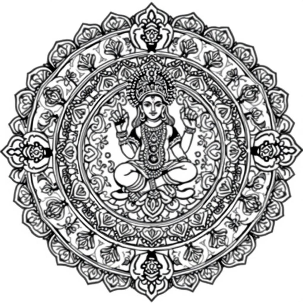 A detailed black and white mandala art piece featuring a Hindu god, intricately designed with traditional motifs and patterns