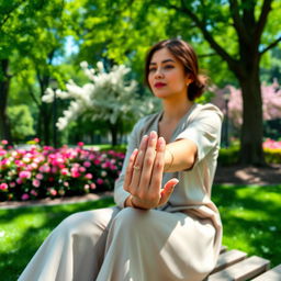 A serene scene of a lady enjoying a peaceful moment in the park