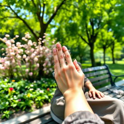 A serene scene of a lady enjoying a peaceful moment in the park