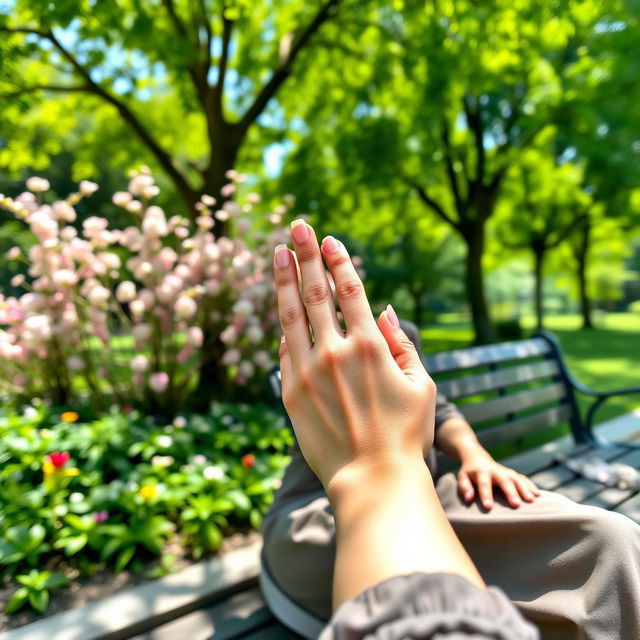 A serene scene of a lady enjoying a peaceful moment in the park