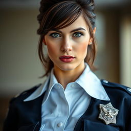 A close-up portrait of a confident female police officer with brunette hair styled neatly