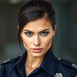 A close-up portrait of a confident female police officer with brunette hair styled neatly
