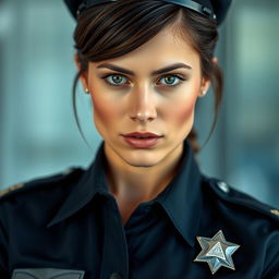 A close-up portrait of a confident female police officer with brunette hair styled neatly