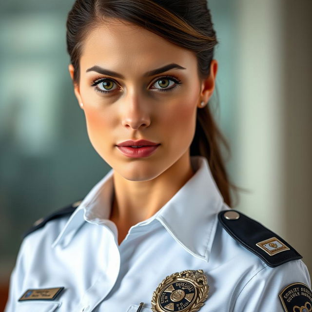 A close-up portrait of a confident female police officer with brunette hair styled neatly