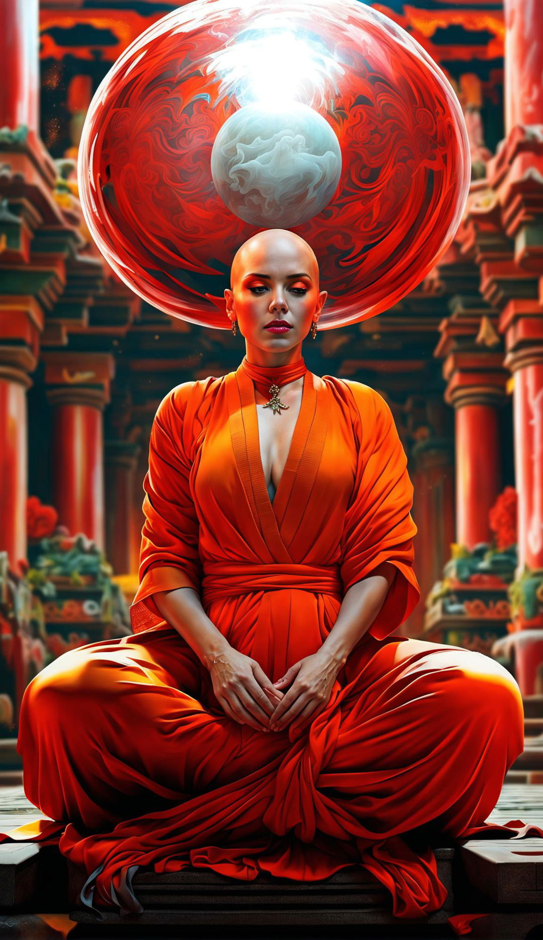 This is a high-quality realistic digital art image featuring a bald Scarlett Johansson in vibrant monk robes, floating on a white ball of air in front of an ornate temple