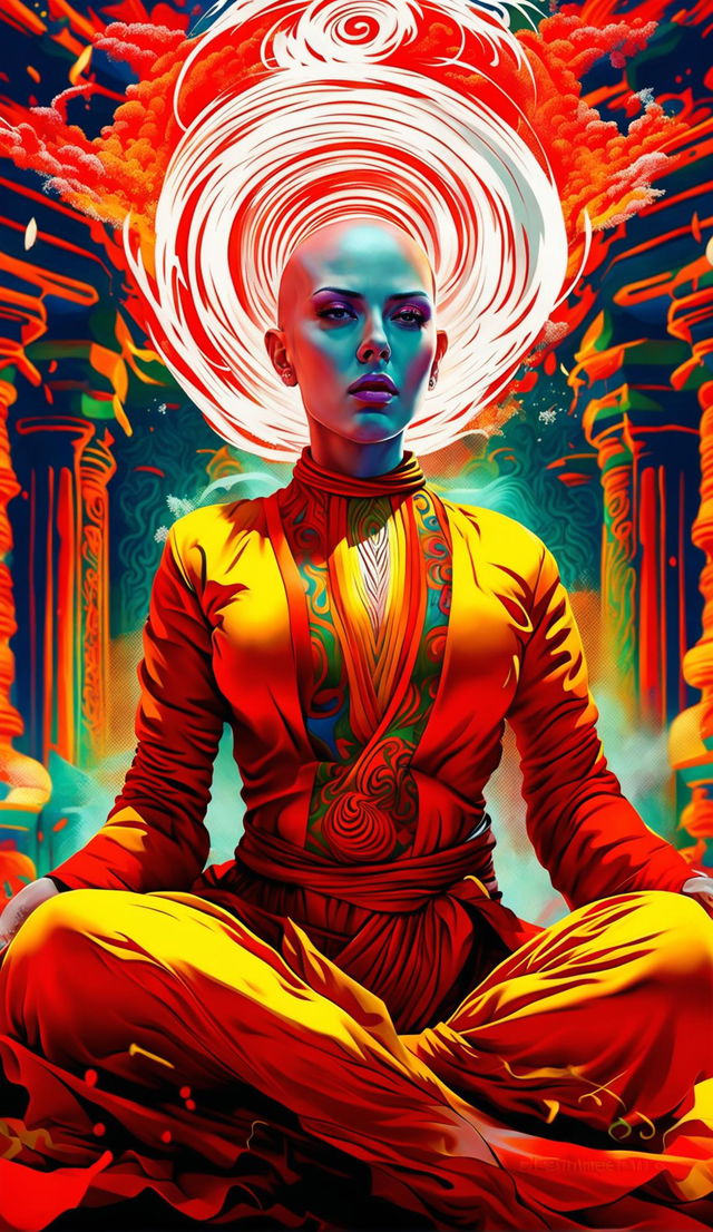 This is a high-quality realistic digital art image featuring a bald Scarlett Johansson in vibrant monk robes, floating in front of an ornate temple