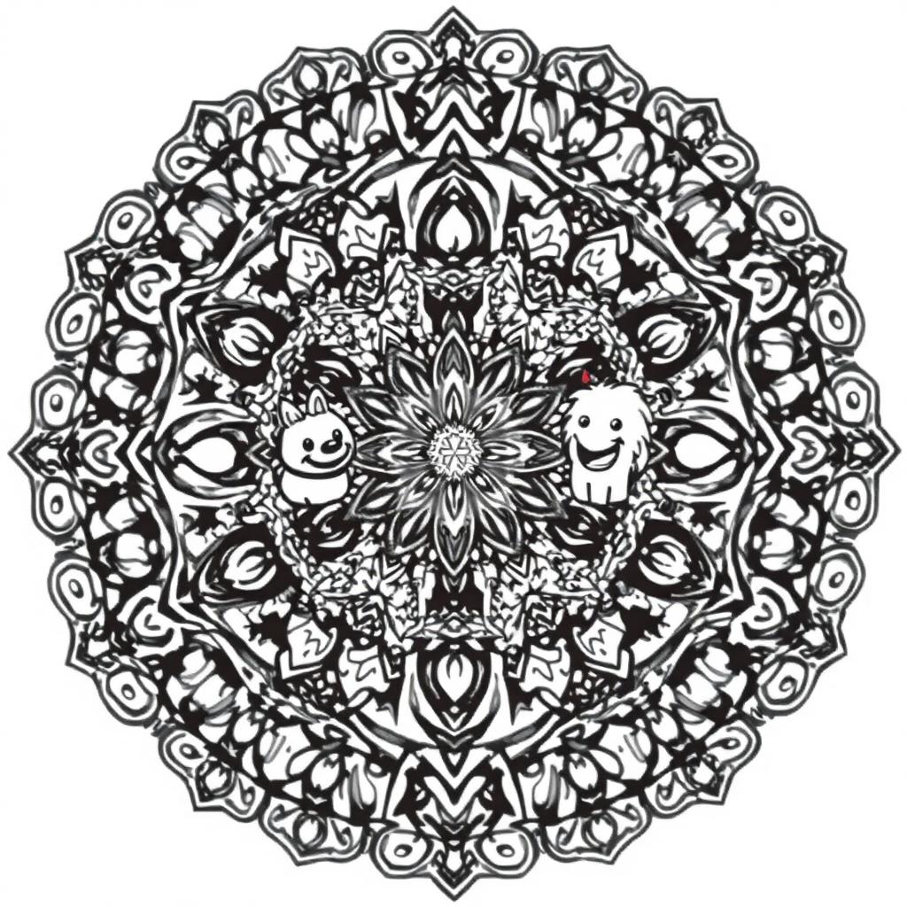 A detailed and intricate mandala art design featuring cartoon elements in black and white