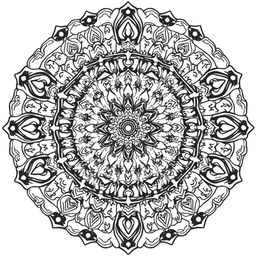 A detailed and intricate mandala art design featuring cartoon elements in black and white