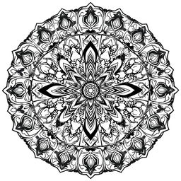 A detailed and intricate mandala art design featuring cartoon elements in black and white